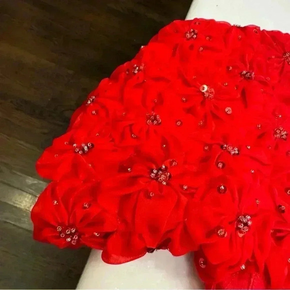 Vintage Red Embellished Intricate Neckline Short Sleeve Blouse Size 10 - Picture 11 of 14